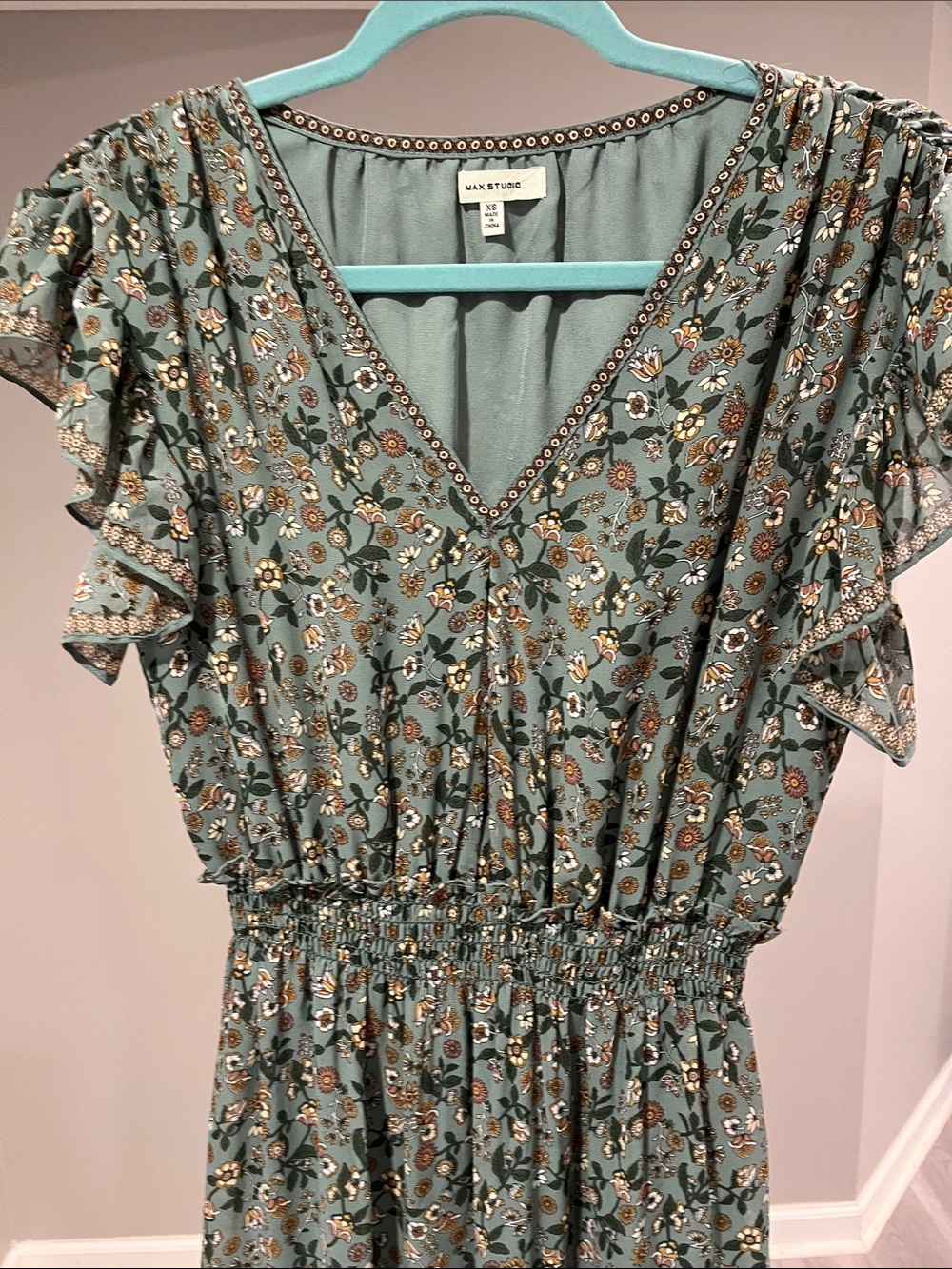 Max Studio Sage Green Floral Ruffle Sleeve Maxi Dress - Picture 2 of 3